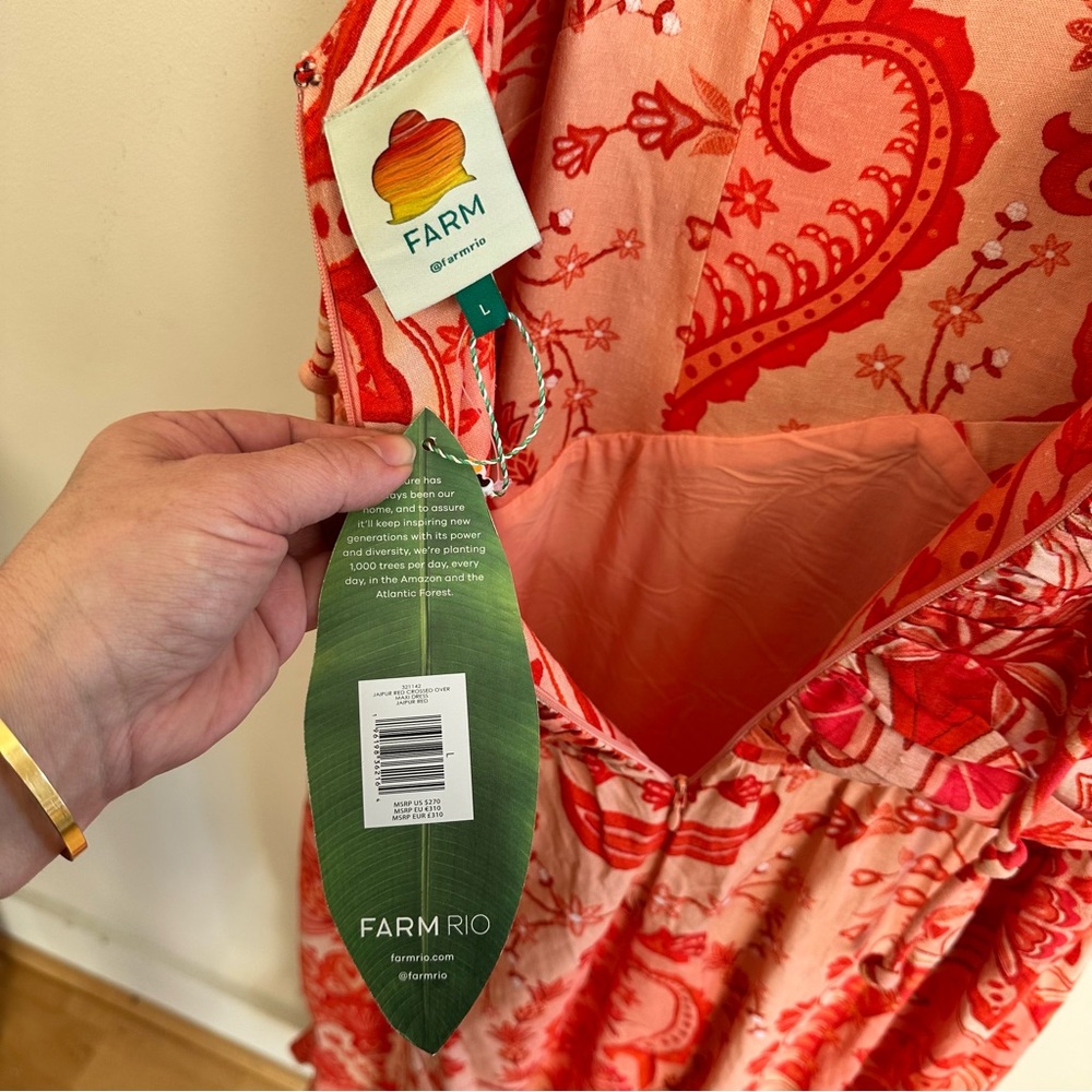 FARM RIO Jaipur Paisley Crossover Linen Blend Maxi Sundress Red Orange Sze L NWT - Picture 13 of 16